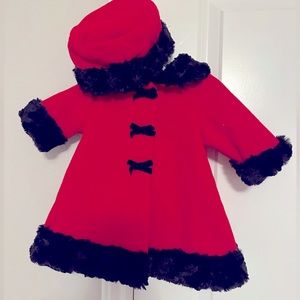 Starting Out Girls Coat - Size 3 M - Red with Black Faux Fur Trim